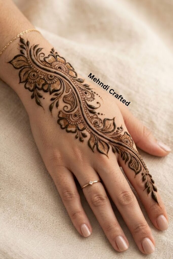 Bold bail mehndi design with thick flowing vines, large leaves, flowers, and paisley details on the back of the hand