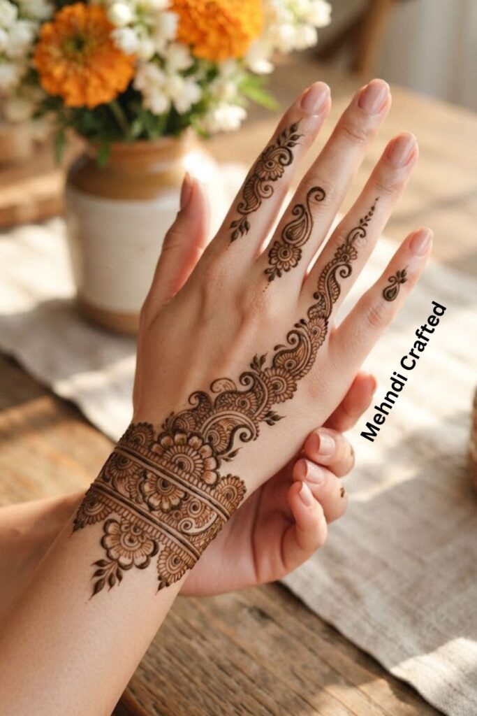 “Bracelet Mehndi With Paisley Details and Unique Finger Designs”