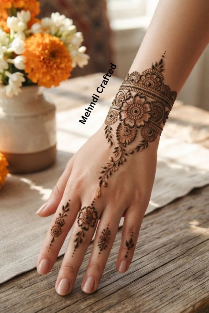 “Bridal Floral Bracelet Mehndi Design with Detailed Finger Patterns”