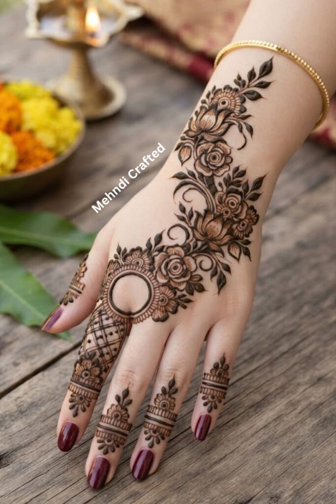 Floral mehndi design with negative space, delicate flowers, leafy vines, and fine henna details.