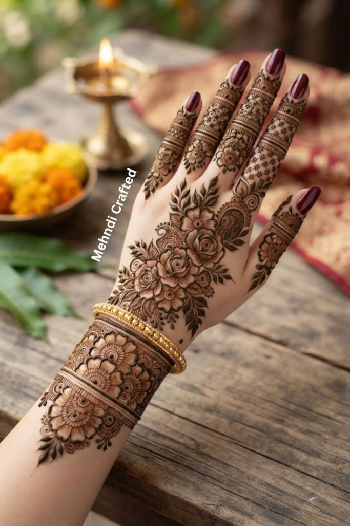 Bridal floral mehndi design with detailed flower petals, leafy vines, paisleys, and intricate henna patterns.