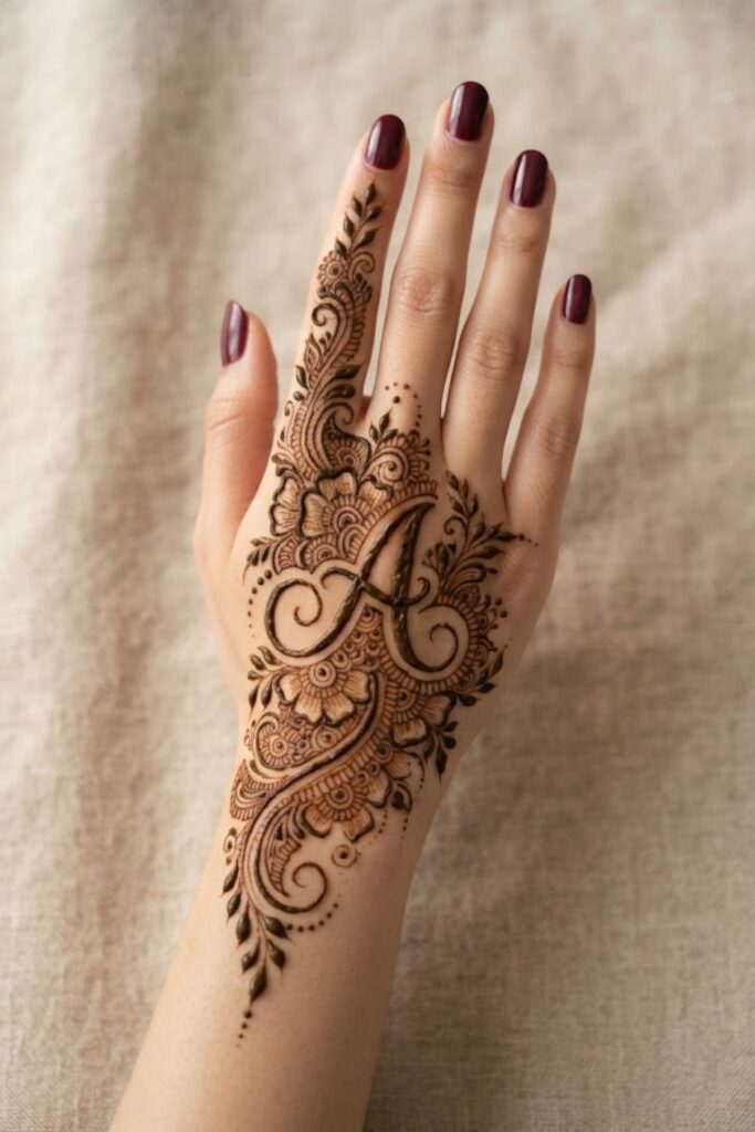 Decorative A letter mehndi design with floral details and deep maroon nail polish