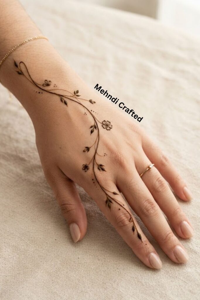 Delicate one-line vine mehndi design with tiny leaves, flowers, and buds on the back of the hand