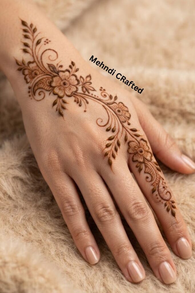 Delicate Bengali floral vine mehndi design with small flowers and leaves