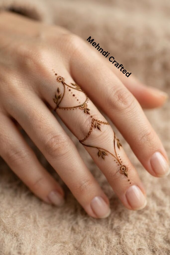 Delicate Finger Chain Henna Design with a fine jewelry-inspired henna pattern