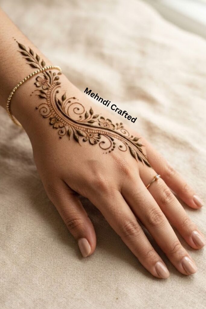 Diagonal bail mehndi design with a graceful flowing vine, leaves, flowers, and dots across the back of the hand