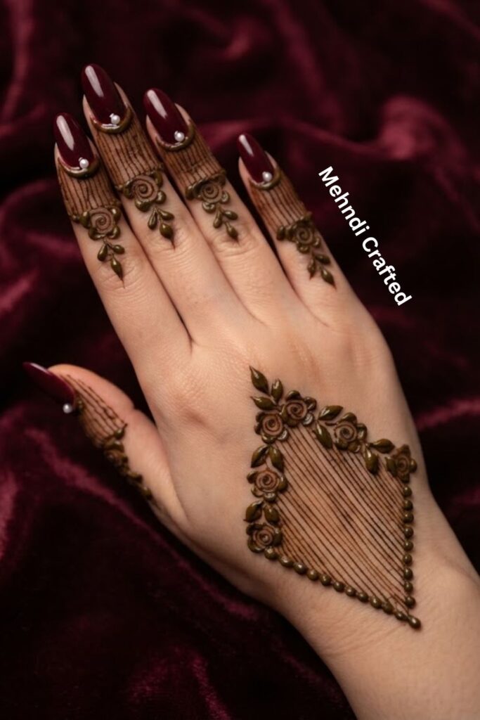Diamond grid front-hand mehndi design with geometric lines and delicate details