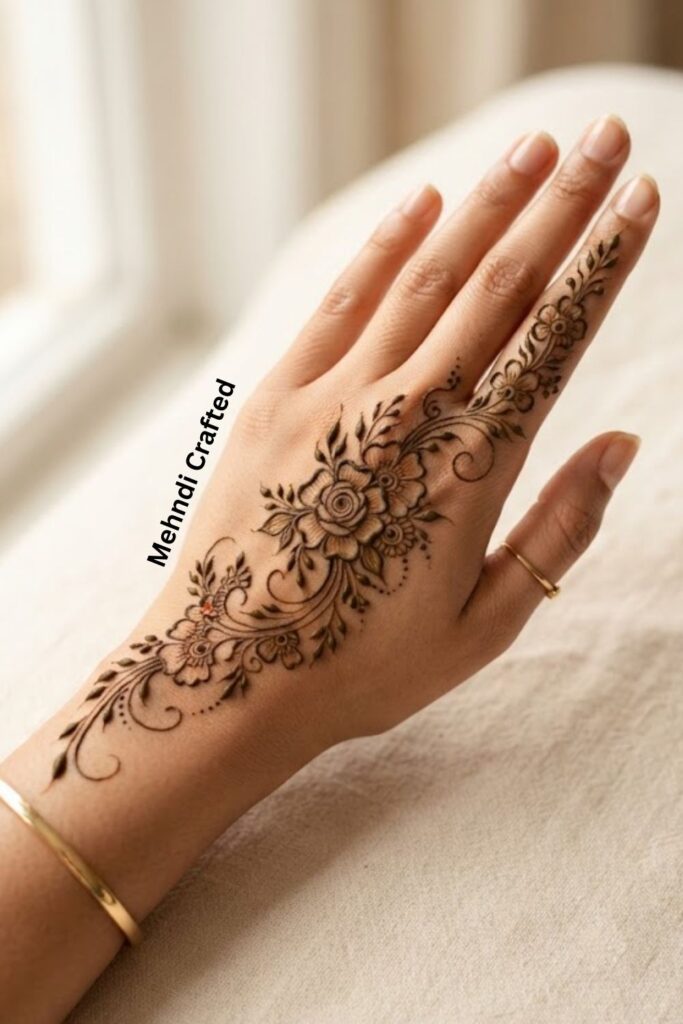 Floral bail mehndi design with elegant flowers, leafy vines, buds, and delicate dots on the back of the hand
