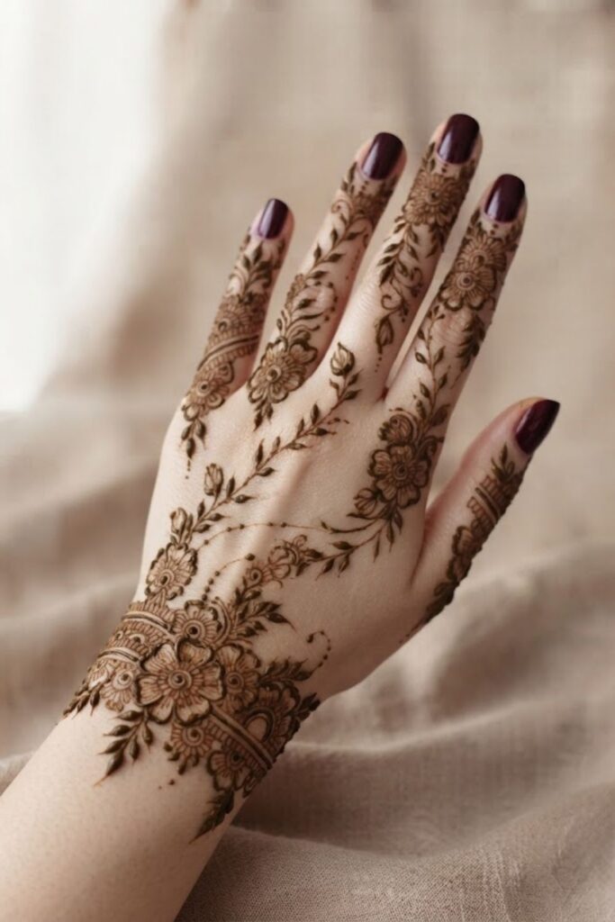 Floral bracelet mehndi connected to fingers with delicate flowers and leafy vines