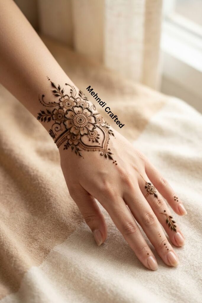 Floral bracelet mehndi design with beautiful flowers, leaves, and vines around the wrist