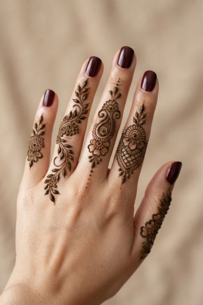 Floral finger mehndi design with delicate flowers, leaves, and fine henna details