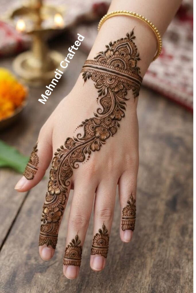 Floral bail mehndi design running along the side of the hand with delicate flowers and leafy vines.