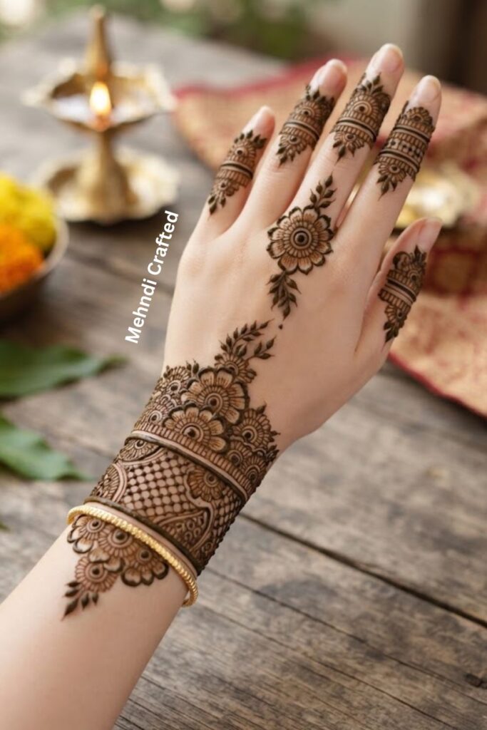 Floral bracelet mehndi design with delicate flowers, leafy vines, and fine wrist details.