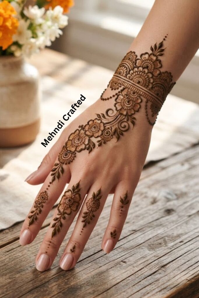 “Floral Bracelet With Arabic Bail and Detailed Finger Designs”