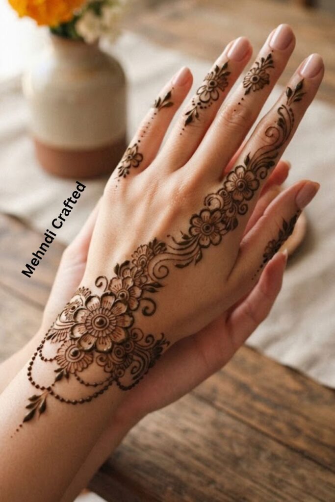 “Floral Bracelet Mehndi With Dots and Curves and Finger Details”