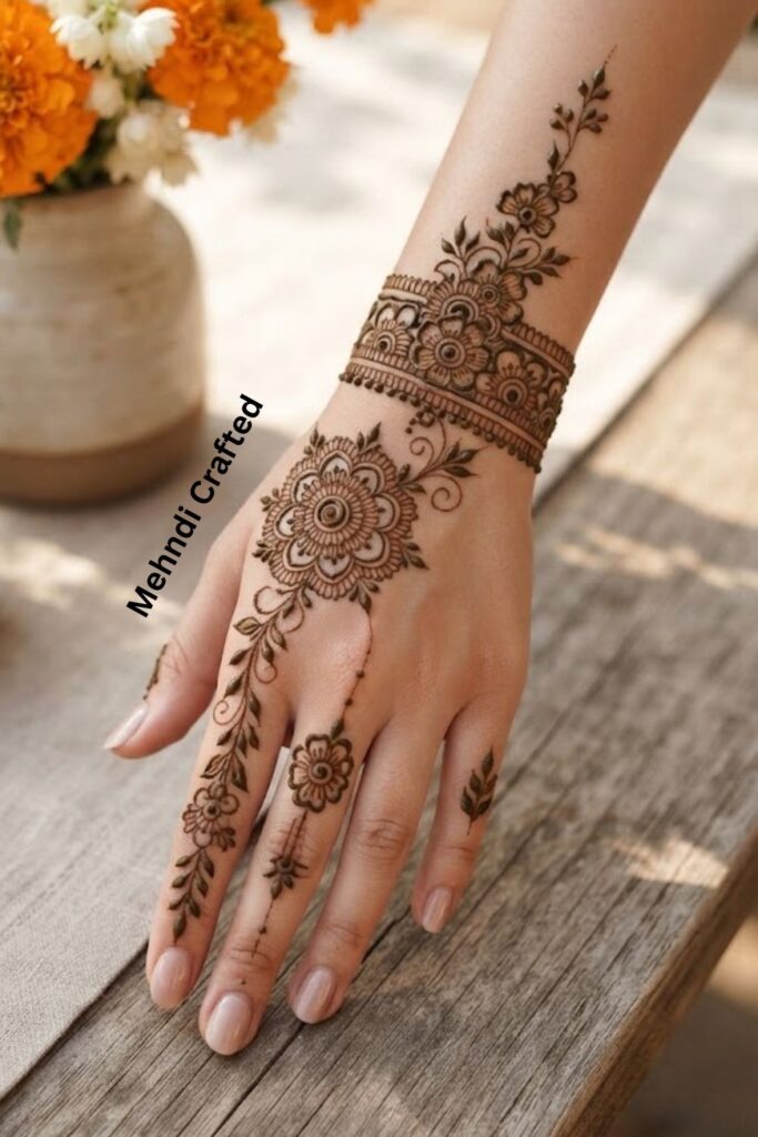 “Floral Bracelet Mehndi With Finger Connection Design”