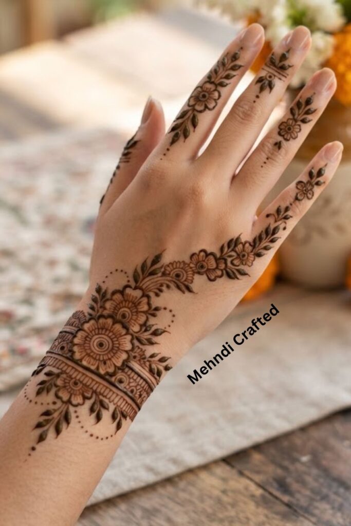 “Floral Bracelet Mehndi With Leaves and Detailed Finger Designs”