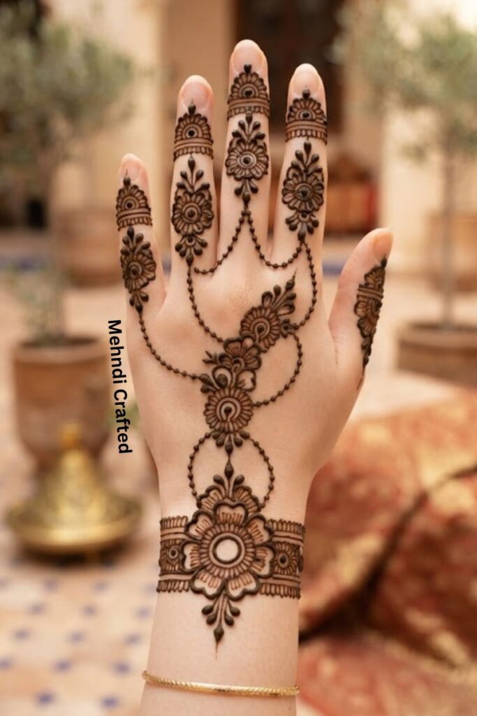 Floral chain mehndi design connecting the fingers with tiny flowers, leafy vines, and delicate henna lines.