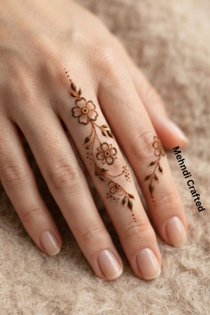 Floral Finger Henna Design with delicate flowers, leaves, and fine henna details