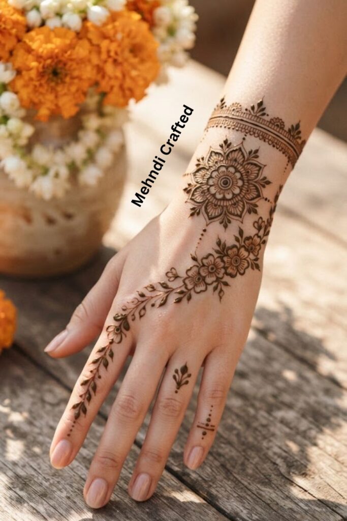 “Floral Mandala Bracelet Mehndi with Detailed Finger Designs”