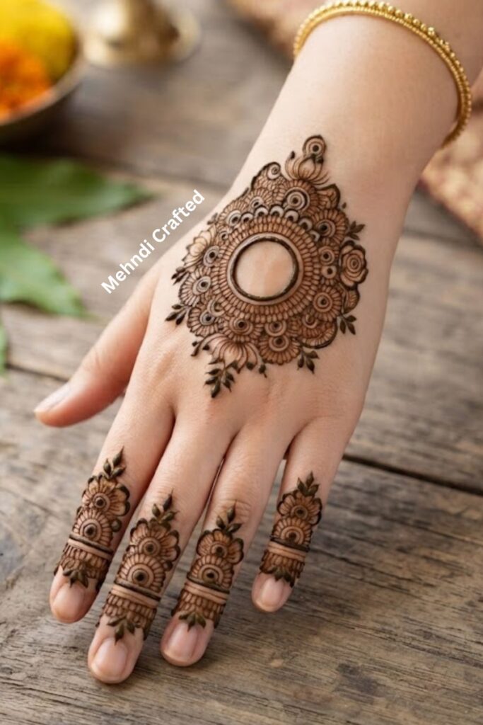 Floral mandala mehndi design with circular flower petals, fine lines, leaves, and delicate dot details.