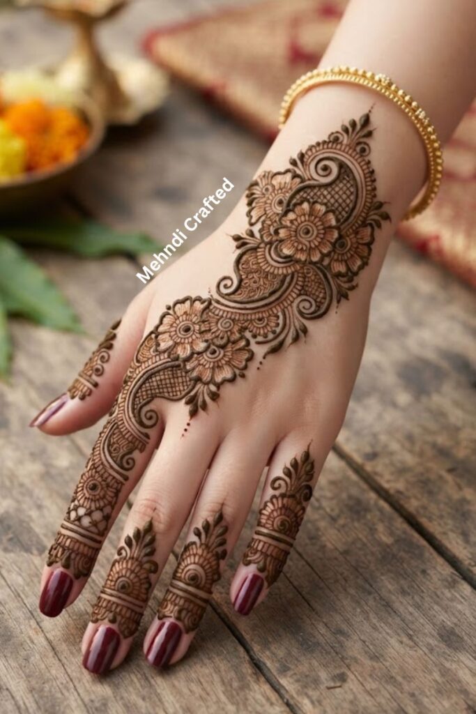 Floral paisley mehndi design with delicate flowers, leafy vines, and traditional paisley patterns.
