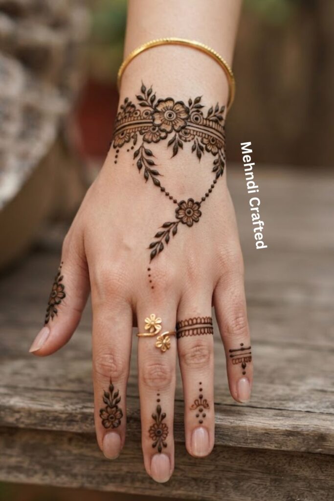 Floral Vine Bracelet Mehndi with delicate finger designs