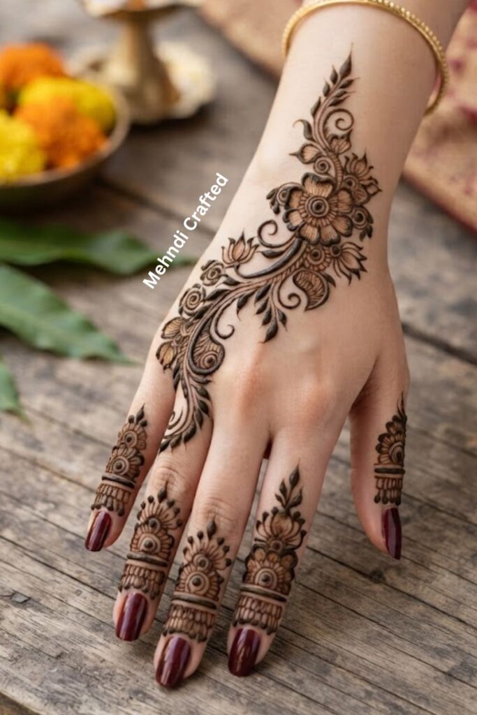 Floral vine mehndi design with curved leaves, delicate flowers, flowing stems, and fine henna details.