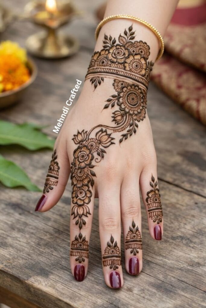 Floral wrist-to-finger mehndi trail with delicate flowers, leafy vines, and flowing henna patterns.