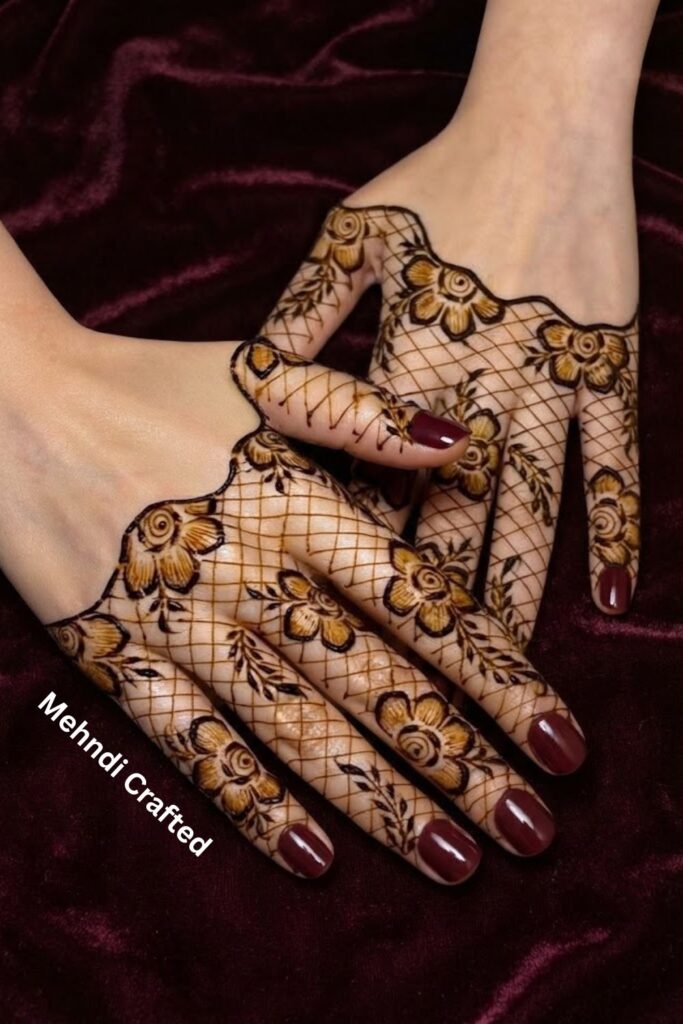 Grid and floral combination mehndi design with geometric patterns and small flowers