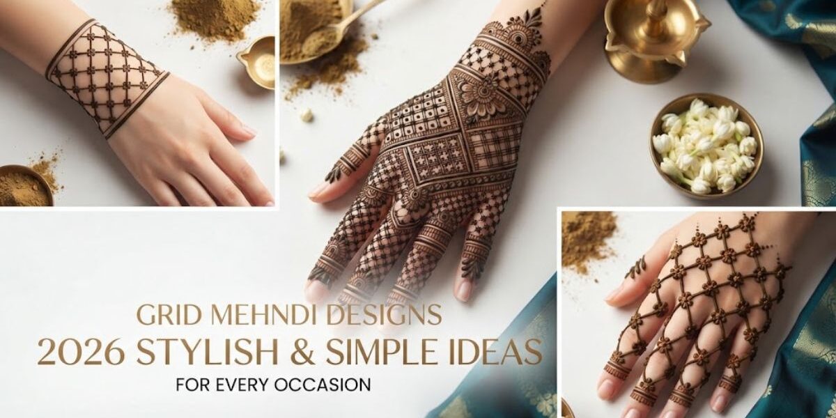 Grid Mehndi Designs 2026 with a modern geometric pattern on the hand
