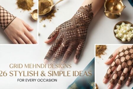 Grid Mehndi Designs 2026 with a modern geometric pattern on the hand