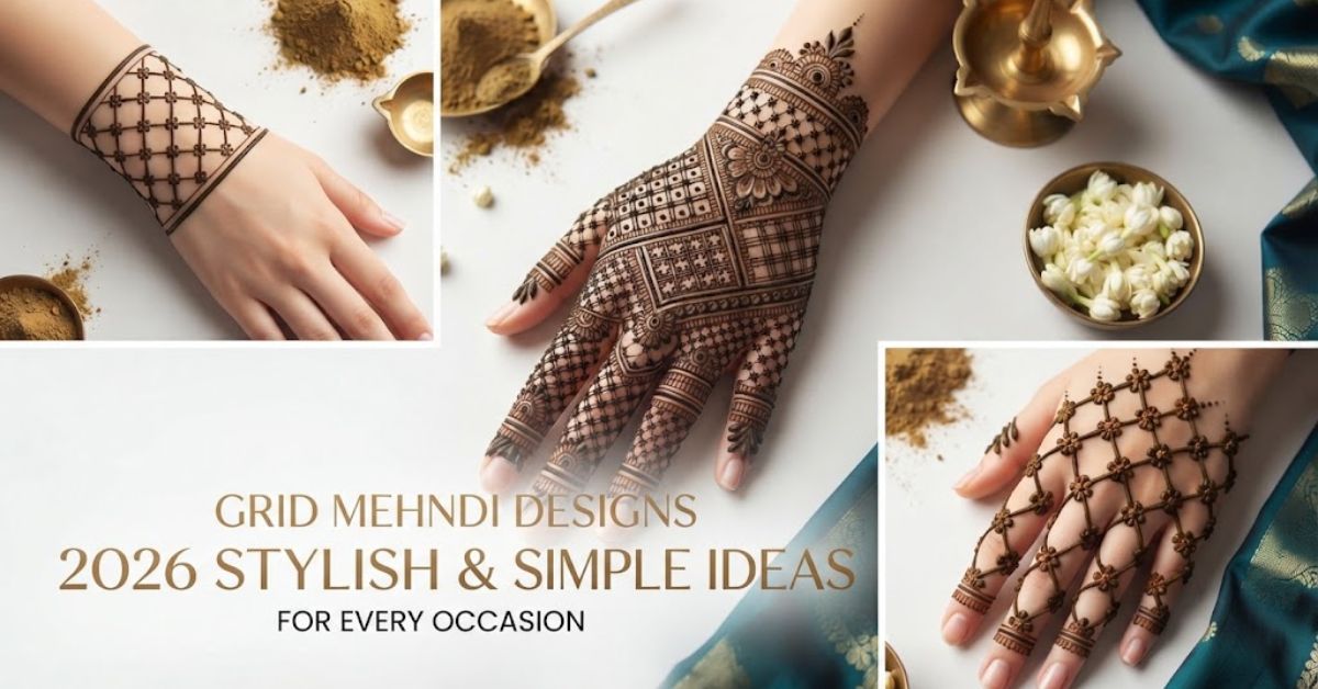 Grid Mehndi Designs 2026 with a modern geometric pattern on the hand