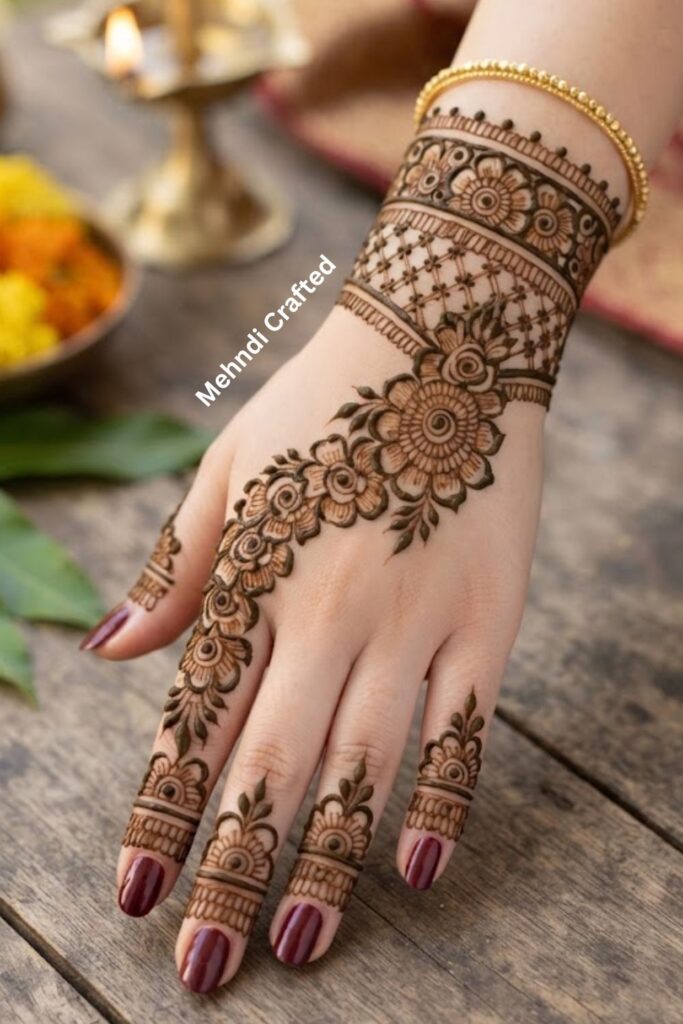 Half-hand floral mehndi design with a large flower, leafy vines, and elegant open-space patterns.