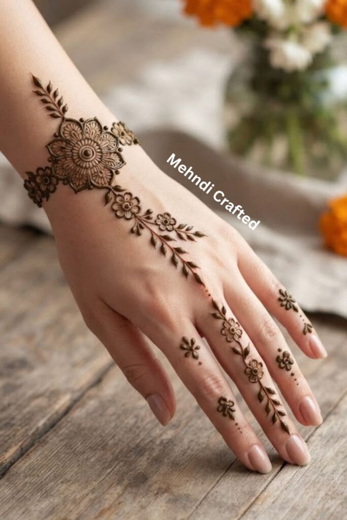 “Half-Wrist Floral Bracelet Mehndi with Detailed Finger Designs”