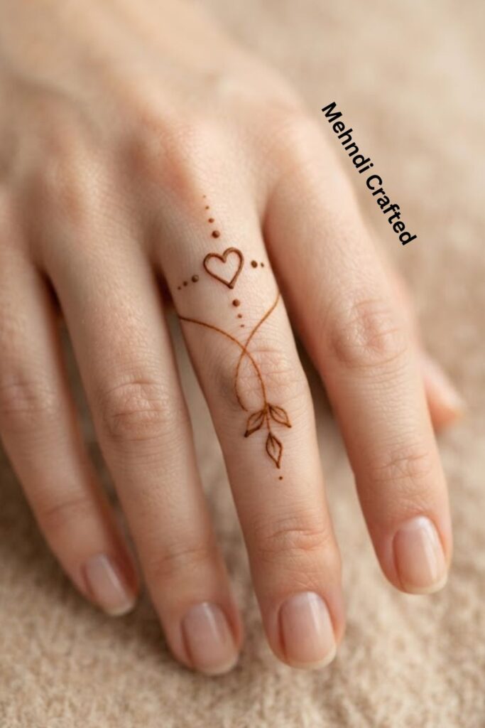 Heart Finger Henna Tattoo with a tiny delicate heart and minimal henna details