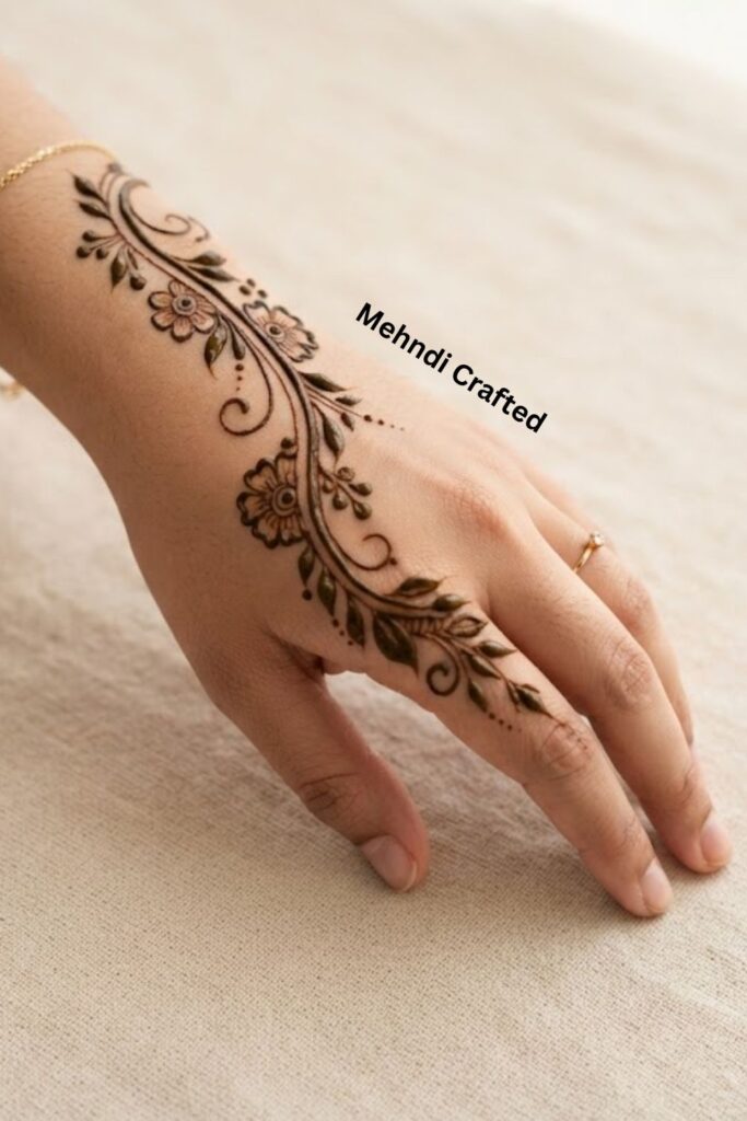 Bail mehndi design with a rich brown stain and delicate leafy vine pattern after proper henna aftercare