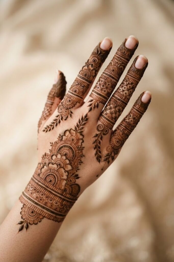 Indian bridal finger mehndi design with intricate paisleys, flowers, vines, and traditional henna details
