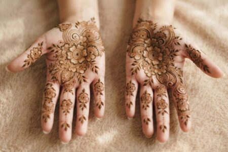 Indian floral mehndi designs 2026 with detailed flowers and leafy patterns covering the palms and fingers.