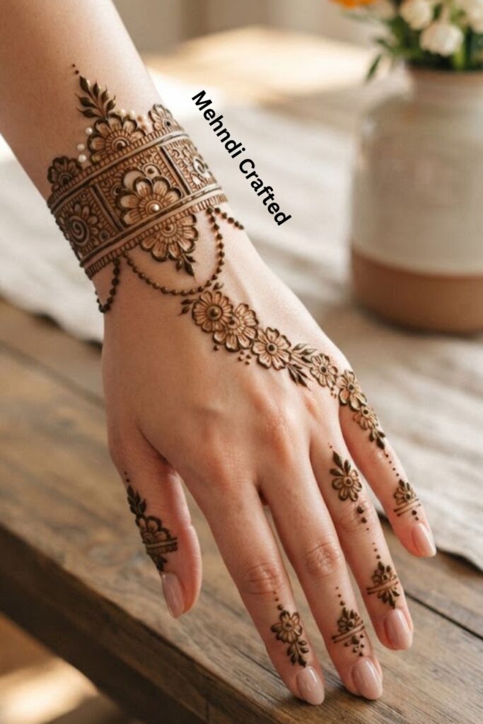 “Jewelry-Inspired Floral Bracelet Mehndi with Detailed Finger Patterns”