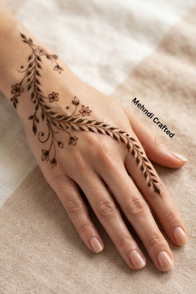 Leaf and tiny flower combination mehndi design on the back hand