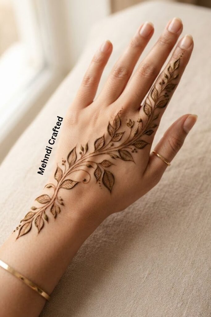 Leafy bail mehndi design with a flowing vine and delicate pointed leaves on the back of the hand