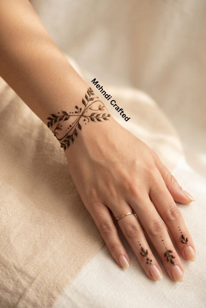 Leafy bracelet henna design with delicate vines and leaves wrapped around the wrist