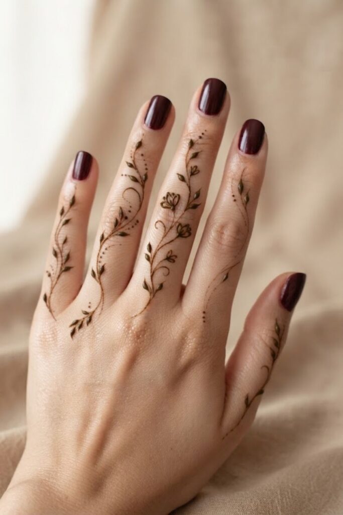 Leafy finger vine mehndi design with delicate leaves and fine henna lines