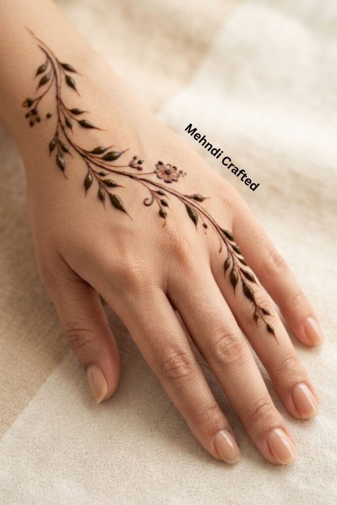 Leafy bail mehndi design with delicate leaves and flowing vine