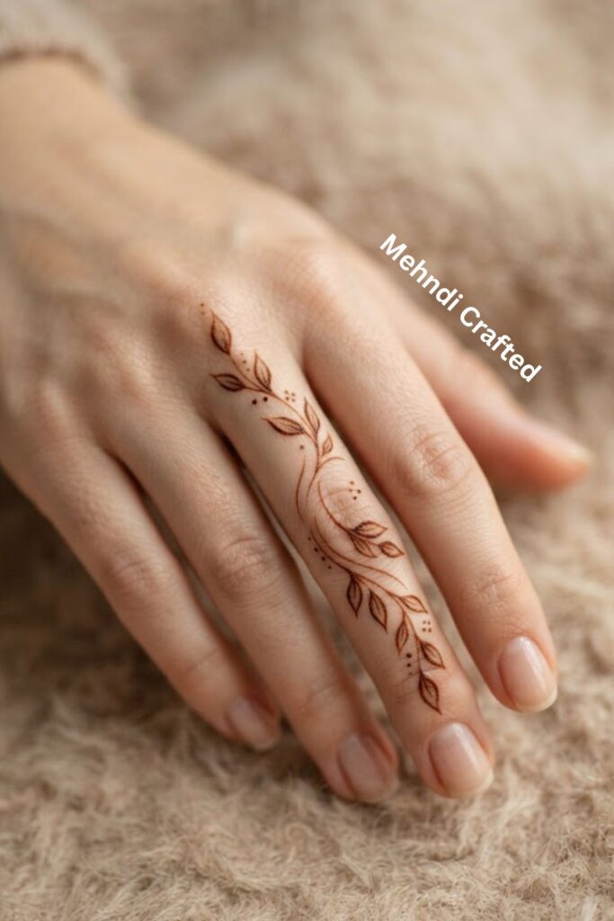 Leafy Finger Henna Design with a delicate vine and small leaves