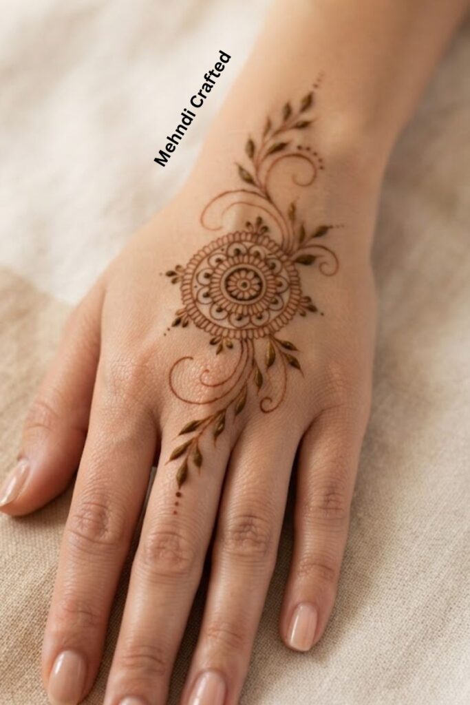 Leafy mandala-inspired mehndi design with delicate vines and leaves