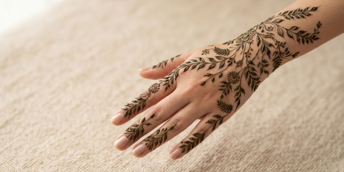 Leafy Mehndi Designs 2026 with elegant leafy vine pattern
