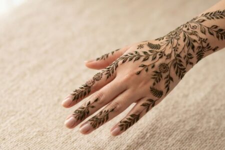 Leafy Mehndi Designs 2026 with elegant leafy vine pattern