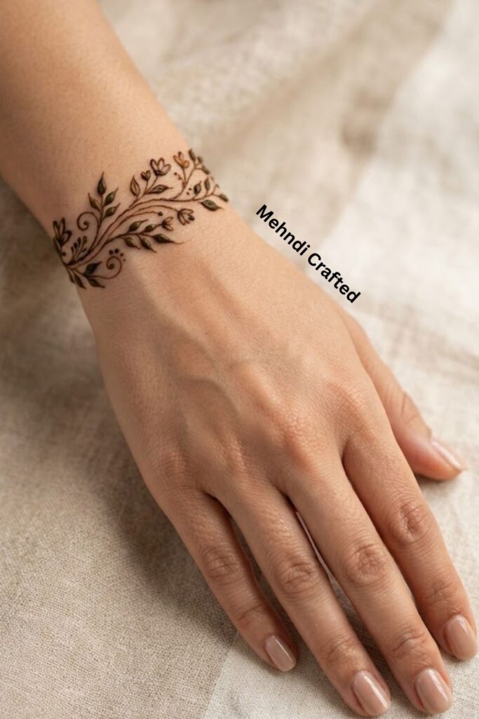 Leafy wrist bracelet mehndi design with delicate vine and leaves